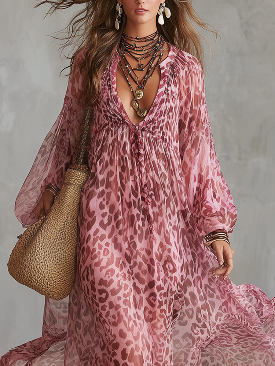 Bohemian Style Pink Chiffon Leopard Print Long Robe Dress