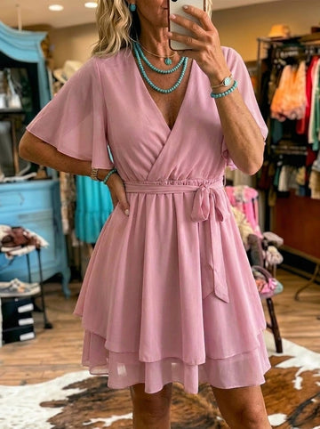 Women's V-neck Cross Tie Ruffle Chiffon Dress