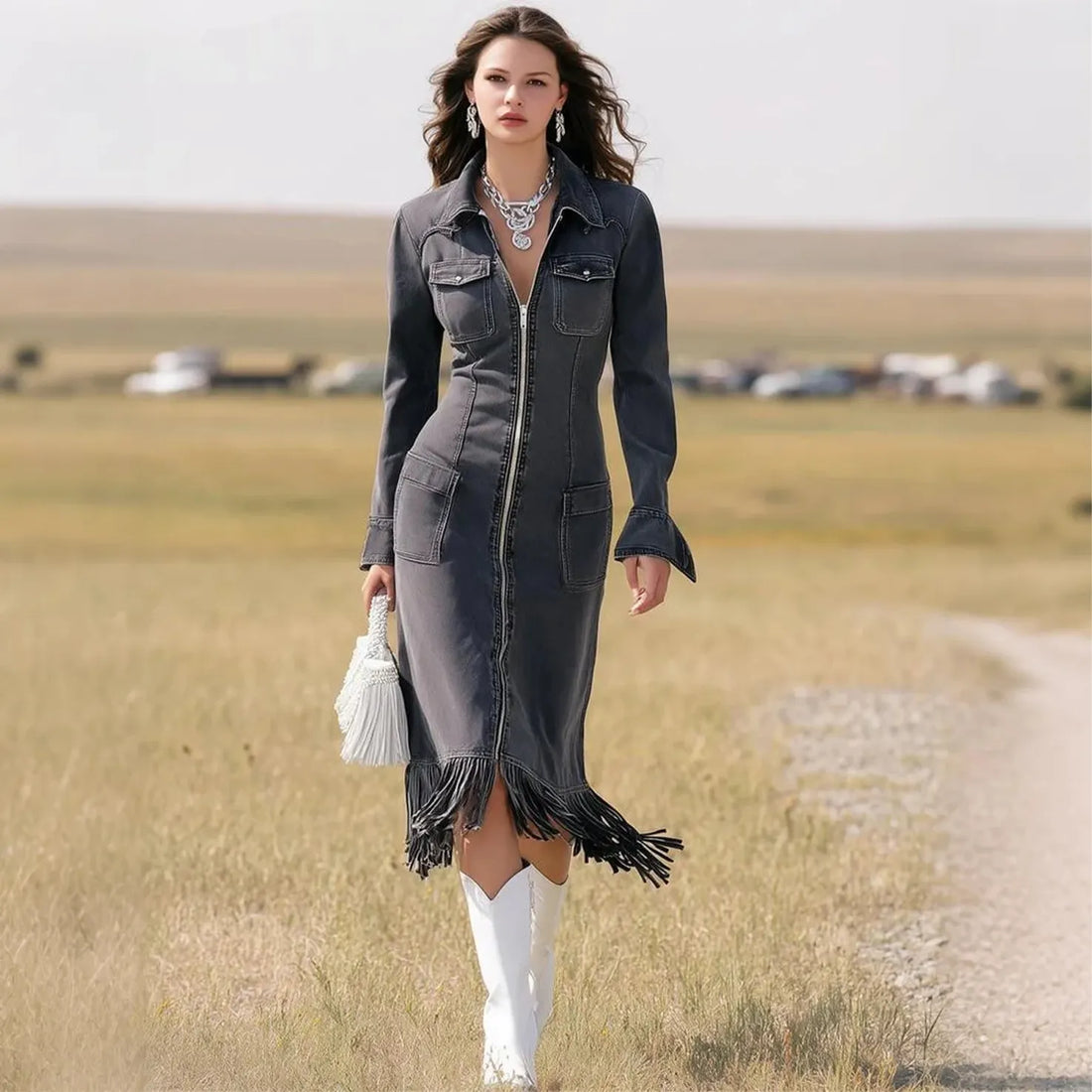 Women's Vintage Elegant Denim Tassel Dress