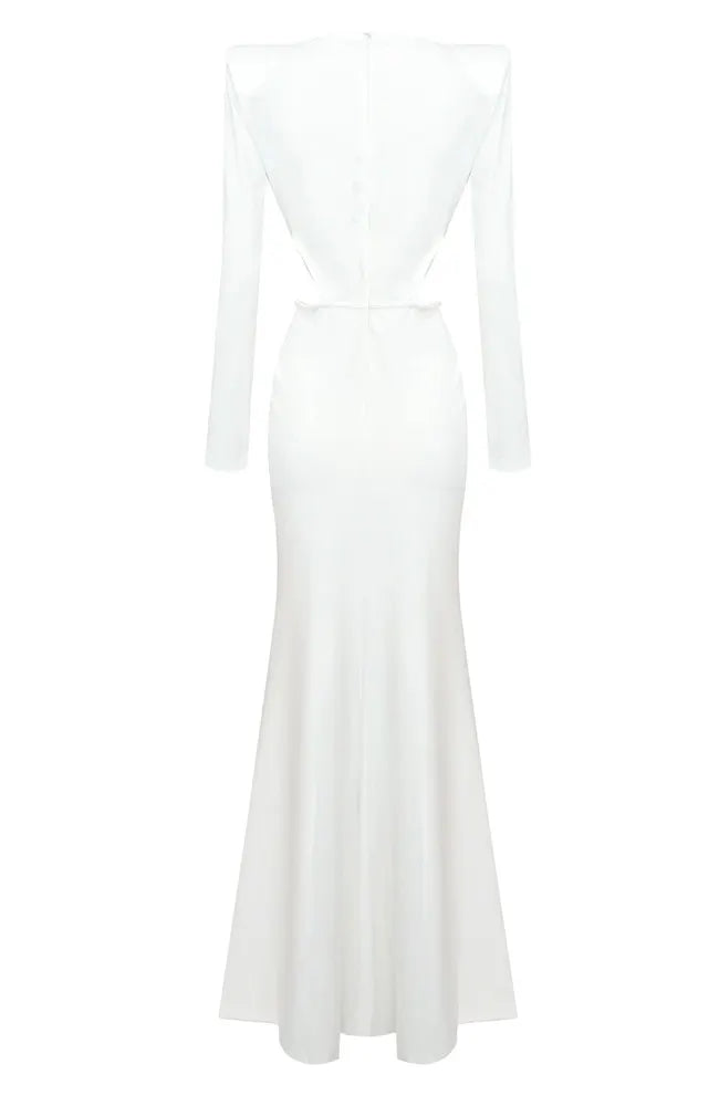 Long Sleeve Draped Maxi Dress White