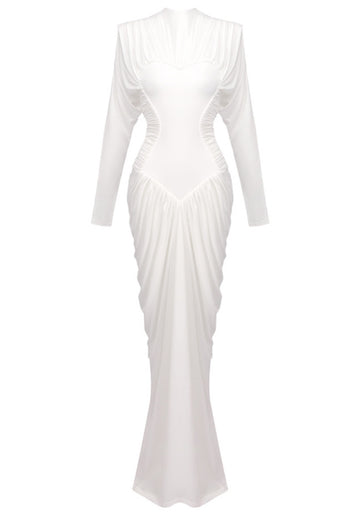 Long Sleeve Draped Structured Maxi Dress White