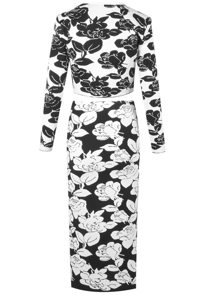 Long Sleeve Floral Two Piece Midi Dress Black White