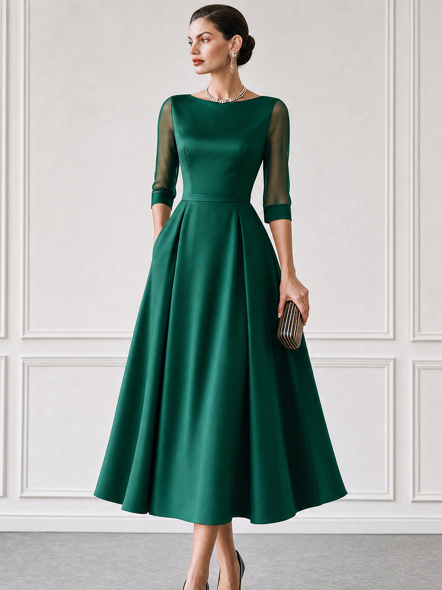 Satin Boat-Neck Mesh-Sleeve Fit-and-Flare Midi Dress
