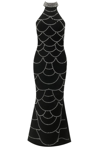 Halter Pearl Detail Maxi Dress Black