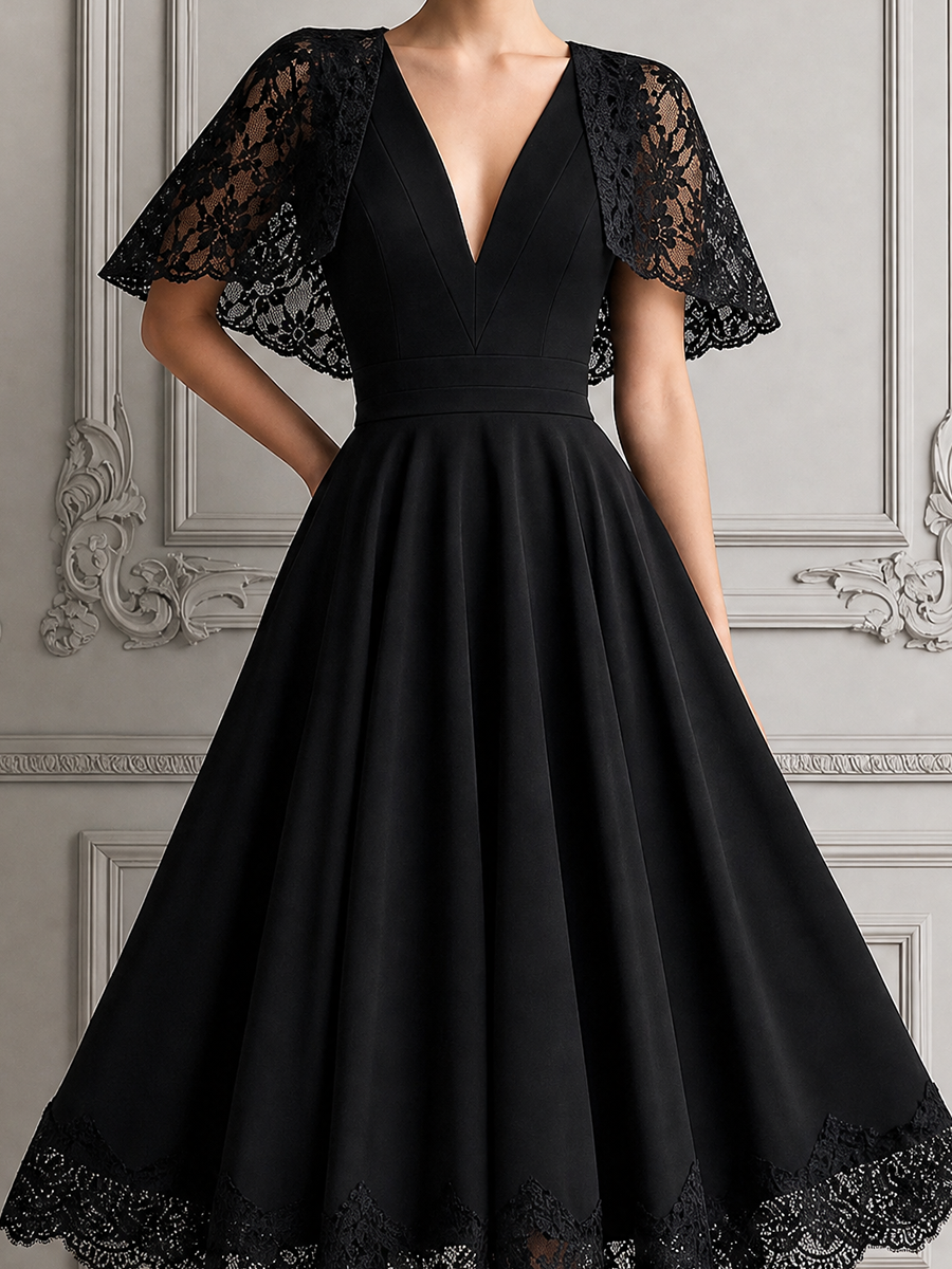 Black Lace Dress Fall Wedding Guest Dress Cape Sleeve A-Line Midi Dress