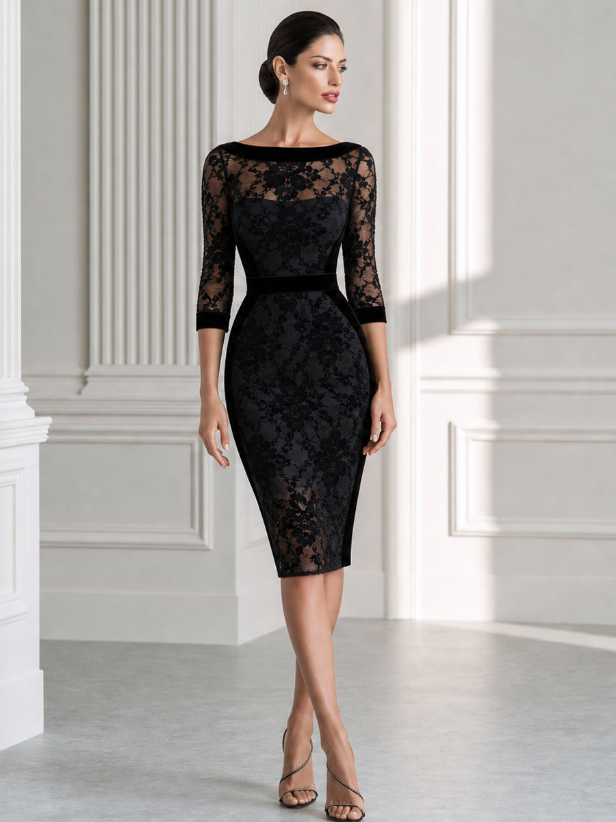 Floral Lace Velvet Trim Boat Neck Midi Bodycon Dress