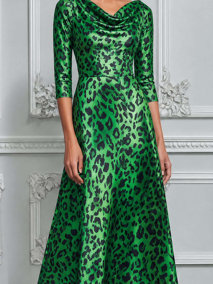 Emerald Green Leopard Print Cowl Neck A-Line Midi Dress