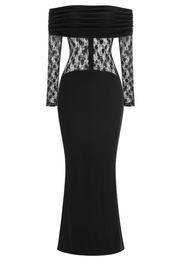 Lace Long Sleeve Draped Bardot Maxi Dress Black