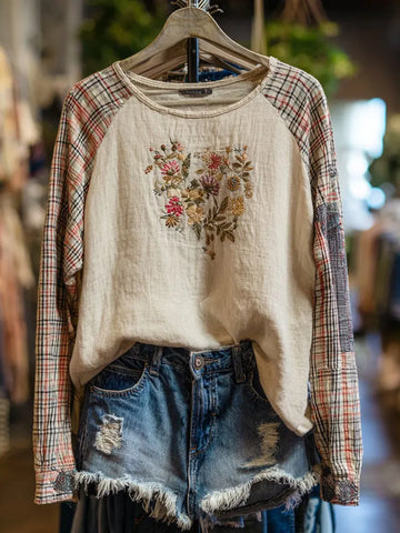 Retro Boho Floral With Plaid Patchwork Pattern Women's Top