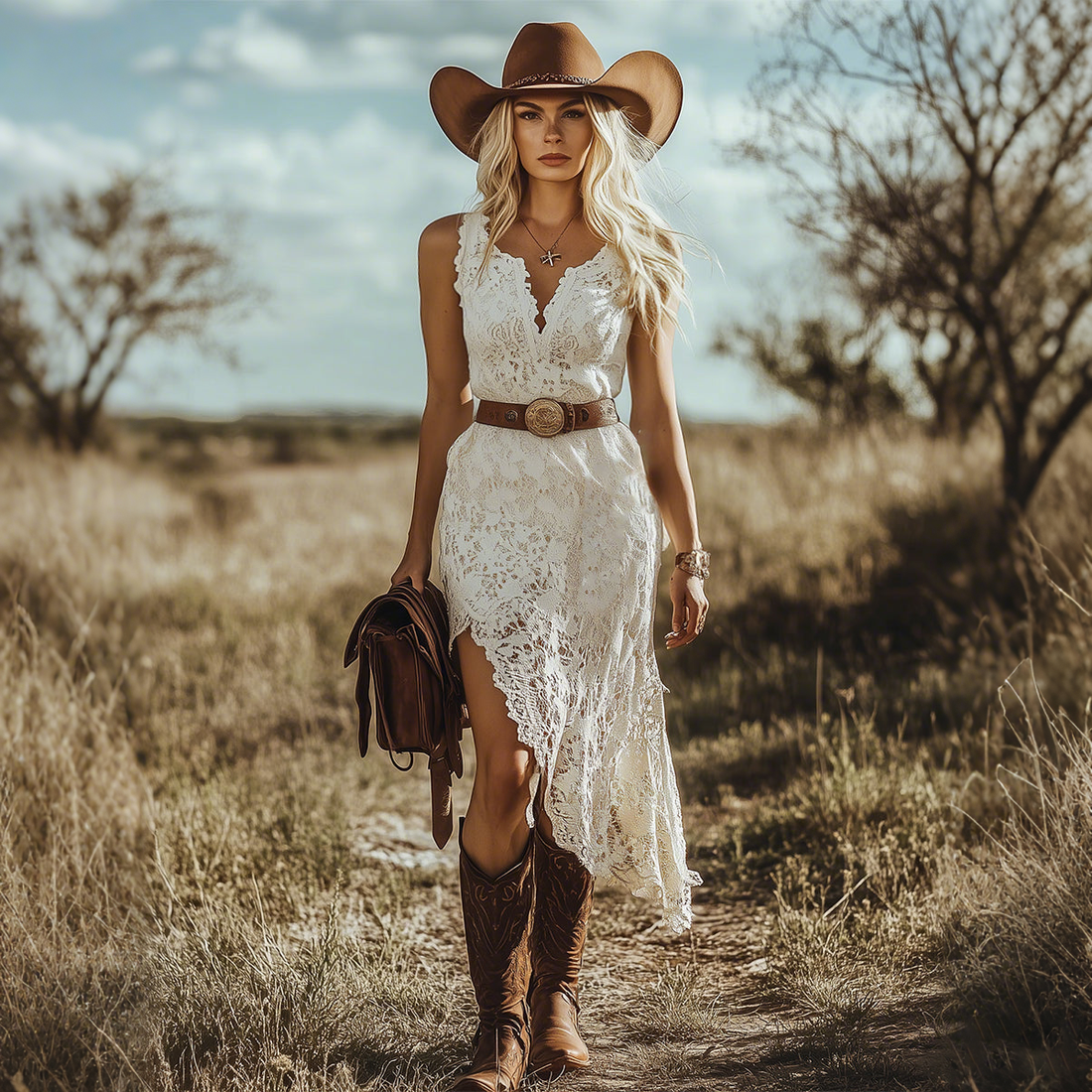 Women's Retro Bohemian White Lace Sleeveless Midi Dress