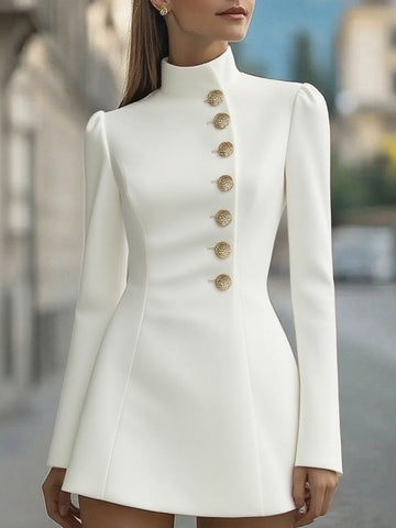 Solid color slim fit stand collar single-breasted dress