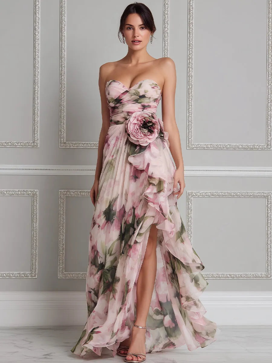 Watercolor Floral Strapless Ruffle High-Low Maxi Dress