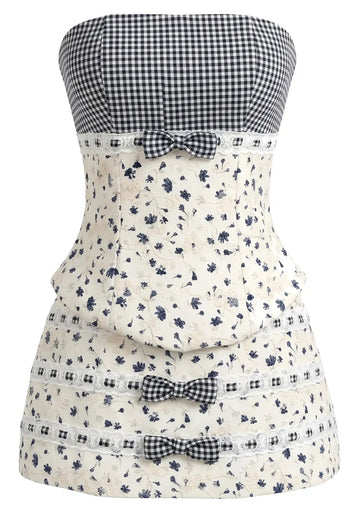 Strapless Floral Corset Two Piece Dress Ivory Blue