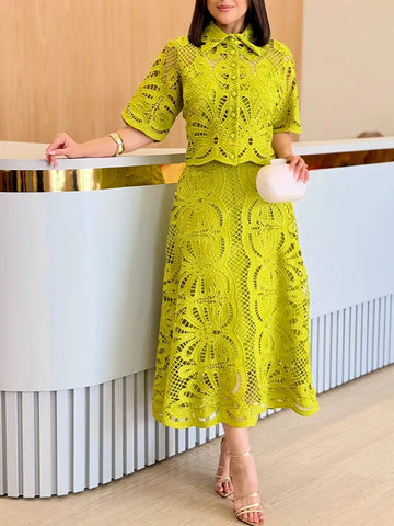 Floral Cutwork Lace Crop Top & Midi Skirt Two Piece Set