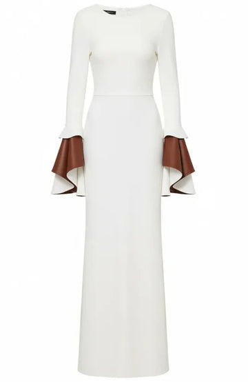 Flounce Sleeves Maxi Dress White Brown