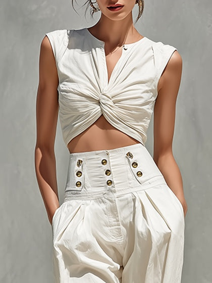 Twisted Cropped Top and High-Waisted Trousers Set