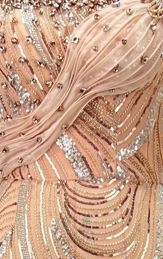 Draped Bardot Sequin Maxi Dress Peach