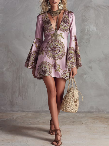 Delicate Pink And Purple Totem Print Satin Mini Dress