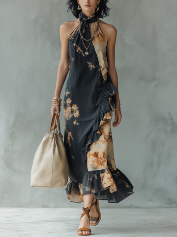 Modern Printed Halter Midi Dress