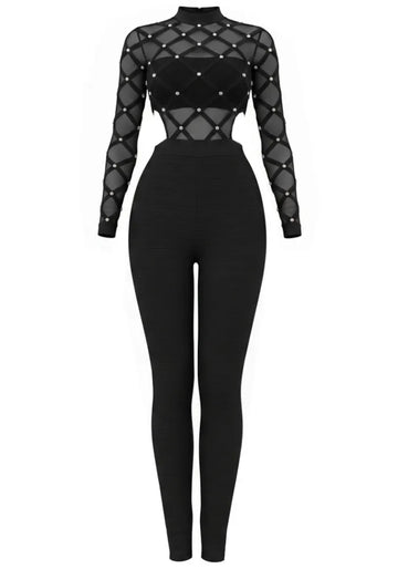 Long Sleeve Studded Mesh Detail Jumpsuit Black