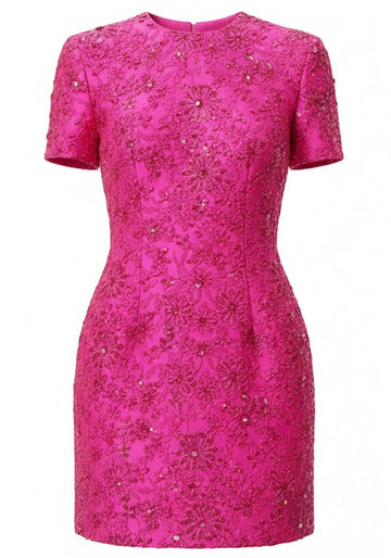 Short Sleeve Floral Dress Hot Pink