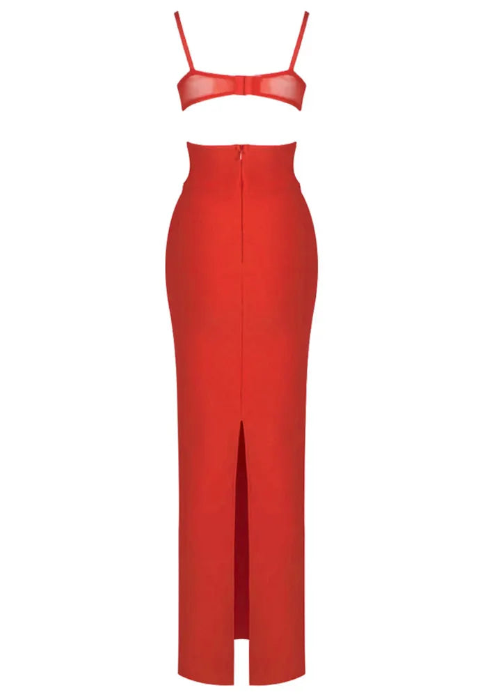 Bustier Draped Mesh Insert Maxi Dress Red