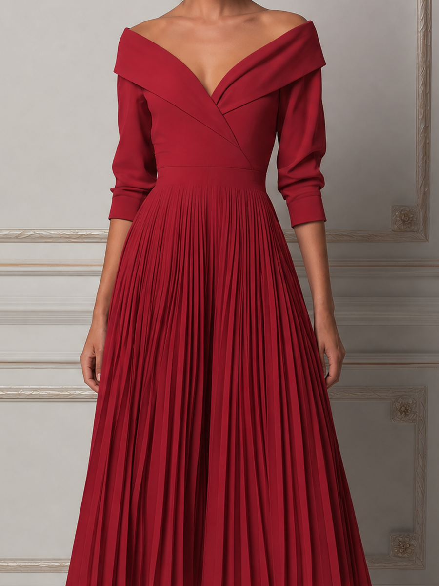 Red Dress Fall Wedding Guest Dress Off Shoulder Pleated Midi Dress