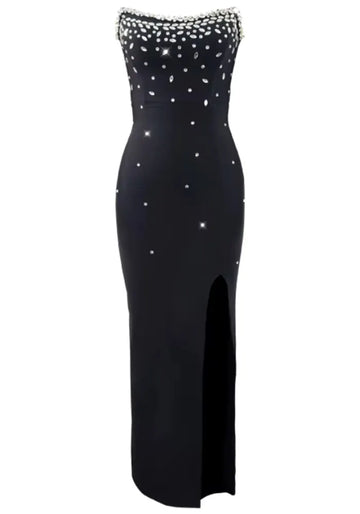 Strapless Crystal Neckline Maxi Dress Black