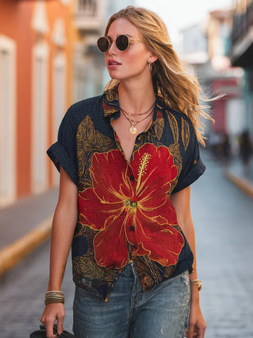Women's Retro Hibiscus Casual Linen Blend Shirt