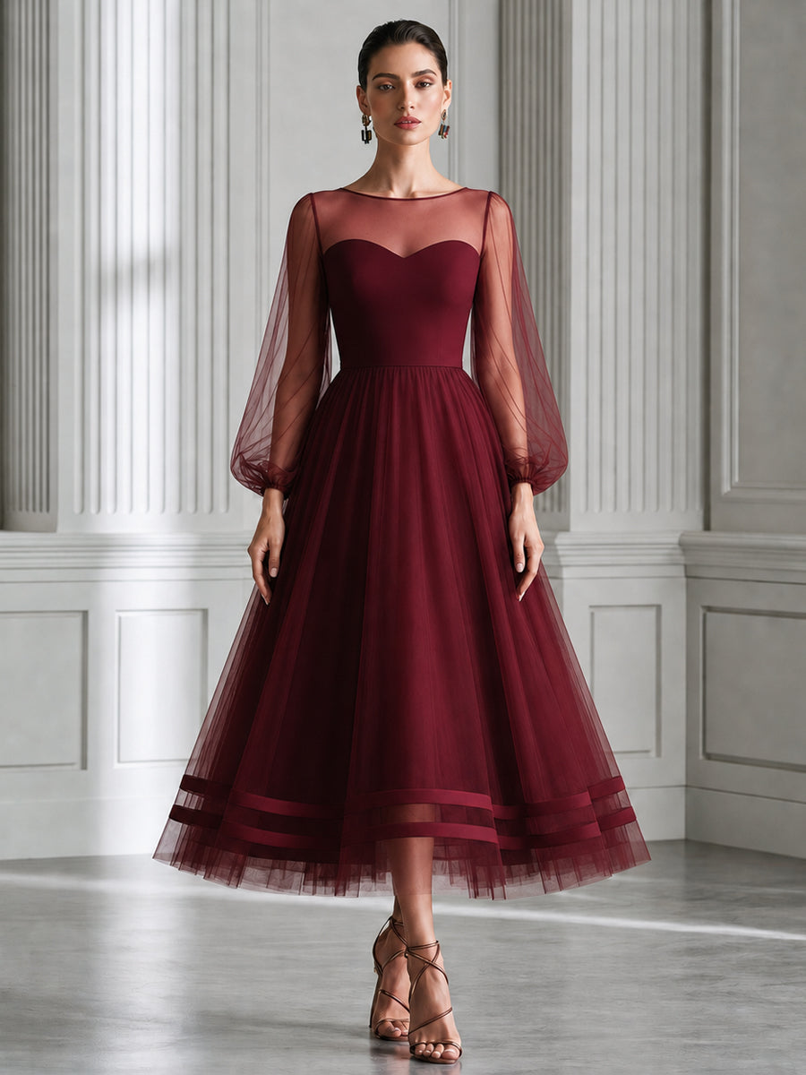 Elegant Illusion Neck Puff Sleeve Tulle A-Line Formal Dress