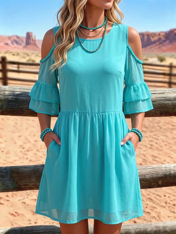 Women's Vintage V-neck Off-shoulder Patchwork Chiffon Dress