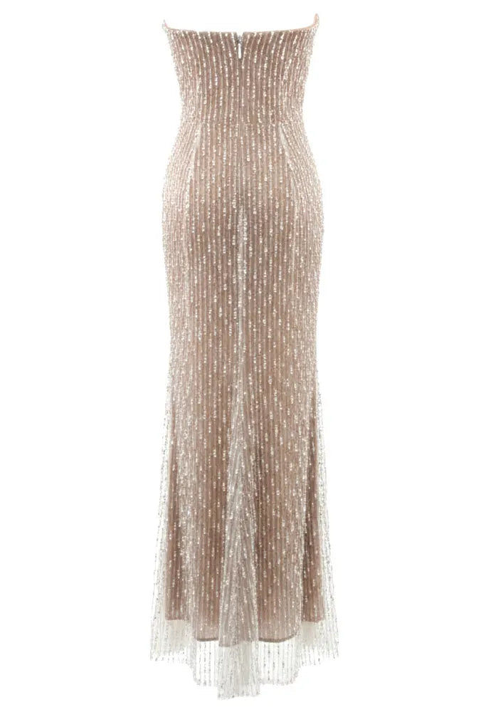 Strapless Pearl Detail Maxi Dress Nude