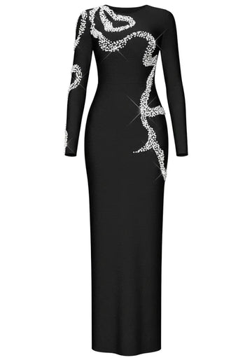 Long Sleeve Crystal Design Maxi Dress Black
