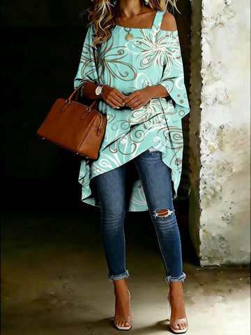 Women's Vintage Floral Cold Shoulder Asymmetrical Hem Blouse