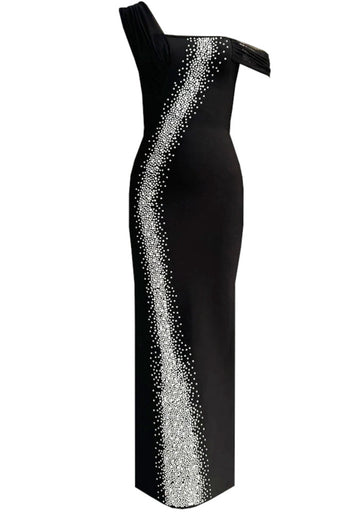 One Shoulder Bardot Crystal Maxi Dress Black