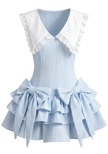 Bow Detail Striped Ruffle Dress Blue White