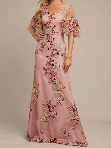 V-Neck Floor-Length Lace Evening Dress