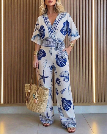 Women's Ocean Print Jumpsuit Seashell Starfish Wrap V Neck Batwing Sleeve Tie Waist Wide Leg Romper with Pockets
