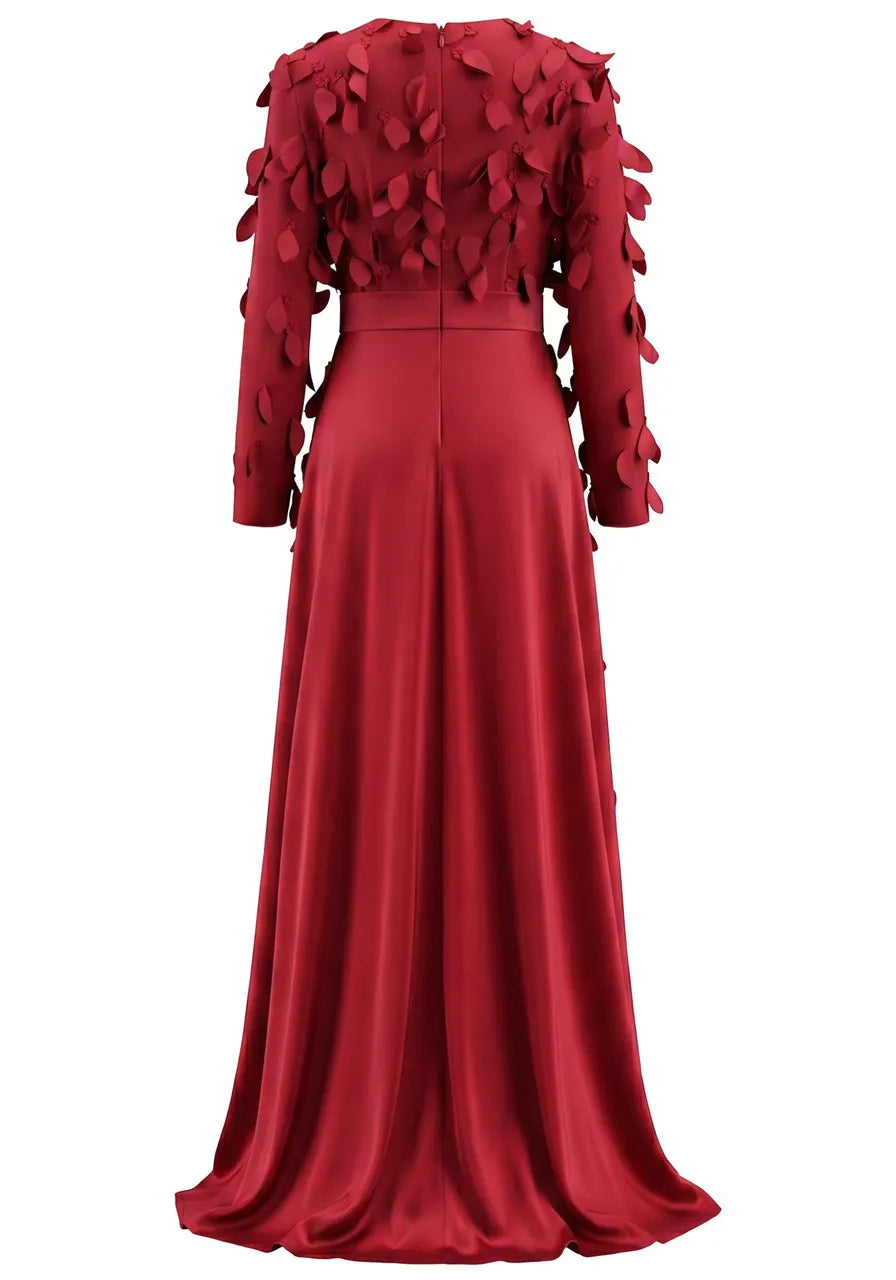 Long Sleeve Floral Embellished A Line Maxi Dress Red