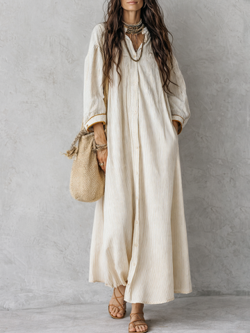 Striped Ivory Long Dress With Button Closure