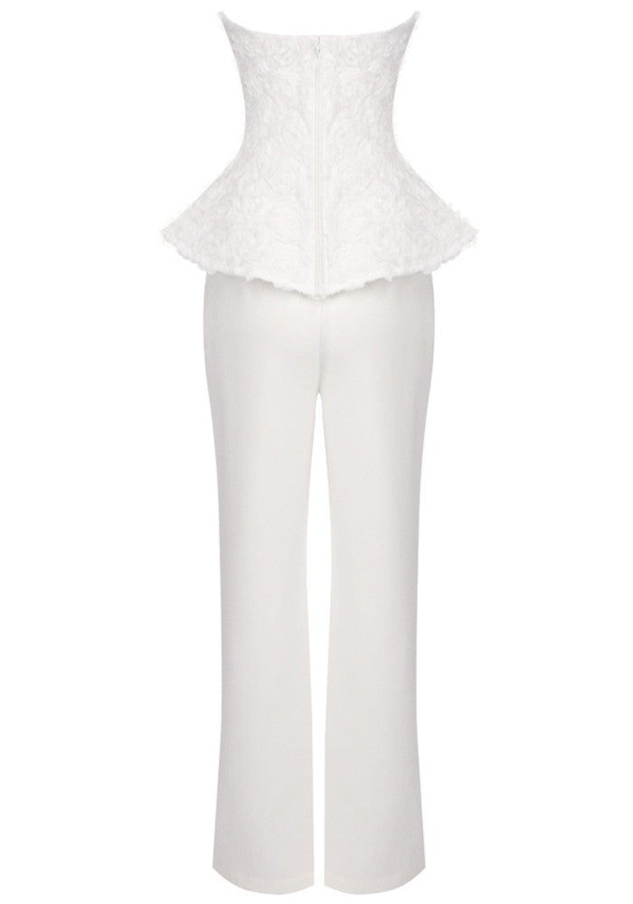 Strapless Floral Peplum Two Piece Jumpsuit White