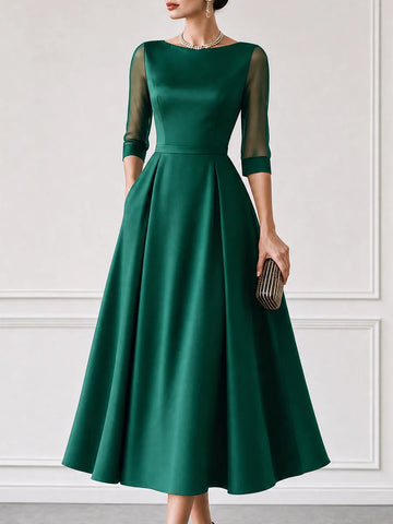 Satin Boat-Neck Mesh-Sleeve Fit-and-Flare Midi Dress
