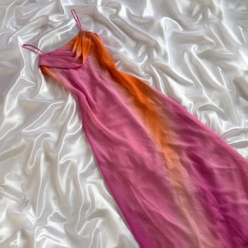 Gradient Pink Orange Retro Fashion Glitter Long Chiffon Ball Gown Evening Gown Party Dress Prom Gown