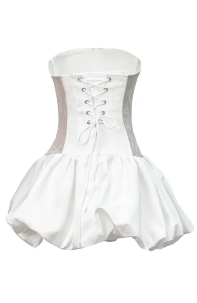 Strapless Floral Lace Corset Puff Dress White