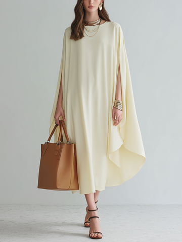 Elegant Fluid Cape-Sleeve Midi Dress