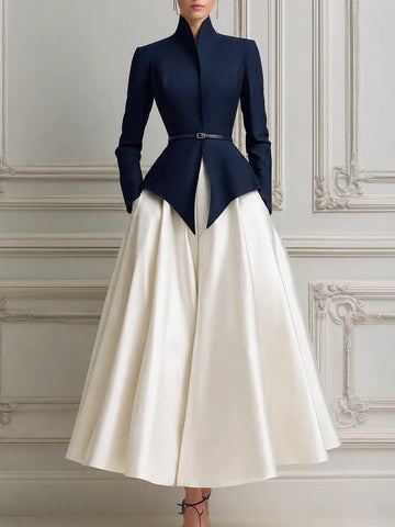 Navy Stand Collar Peplum Jacket &  A-Line Midi Skirt Two-Piece Suit Set