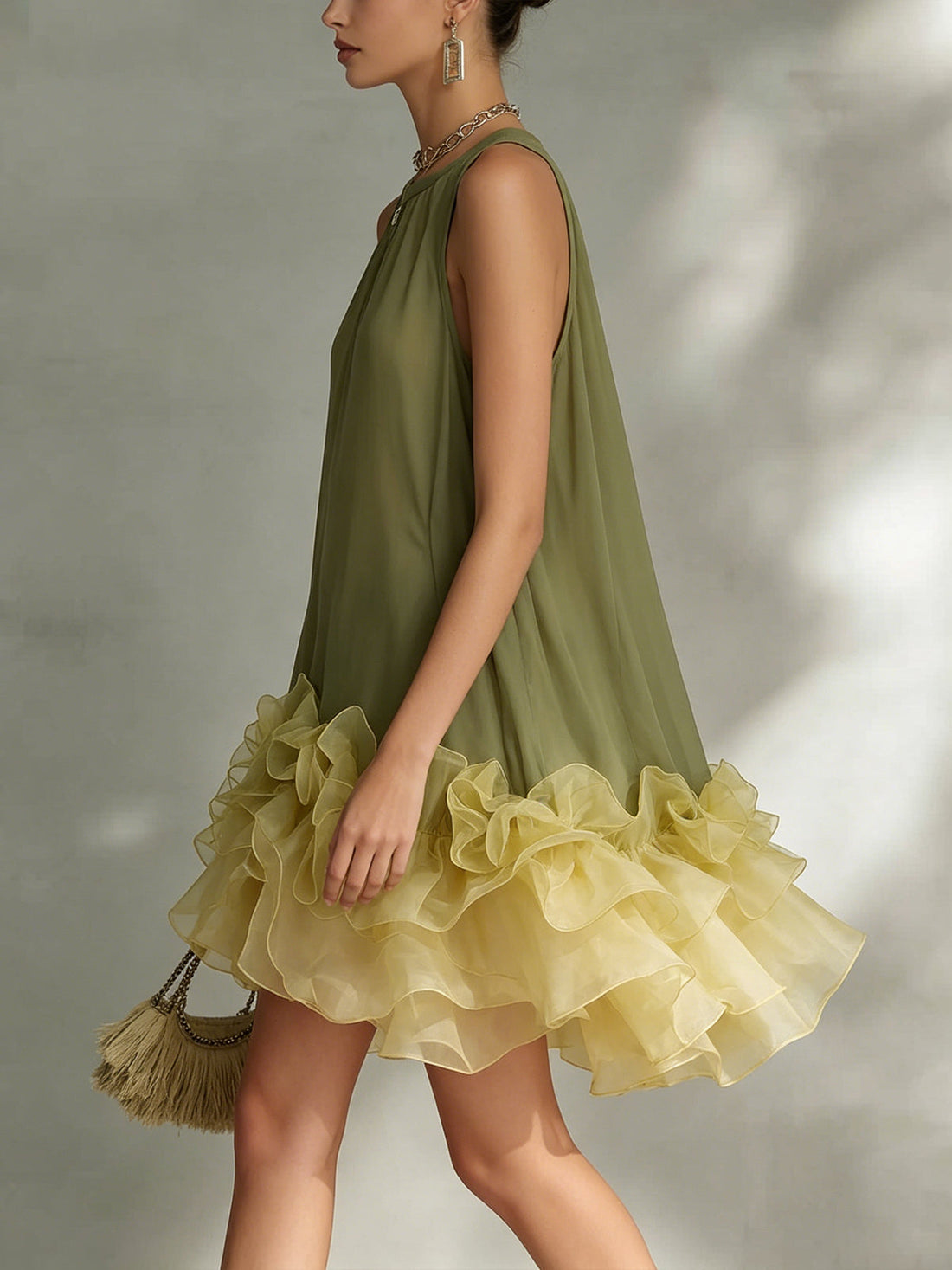 Color-block Chiffon Sleeveless A-line Dress With Ruffled Hem