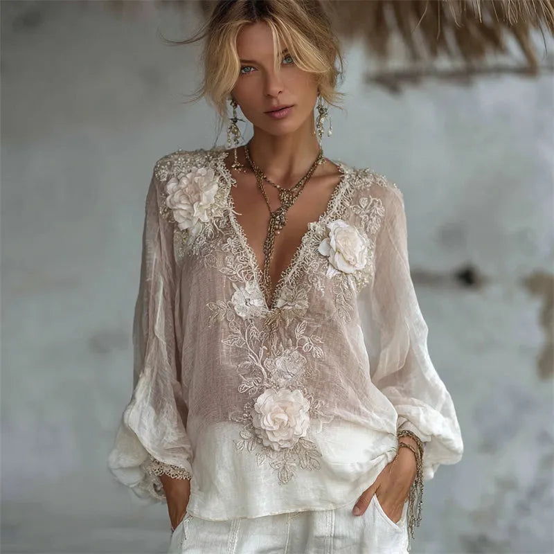 Vintage White Roses Fiber Art Lace Embroidered Flowy Tunic