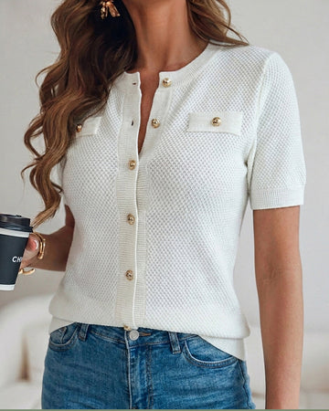 Women's Hollow Out Knit Cardigan Short Sleeve Gold Button Sweater Casual Loose Knitwear Top