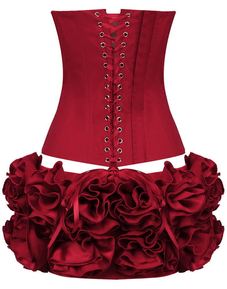 Strapless Corset Floral Ruffle Two Piece Dress Red
